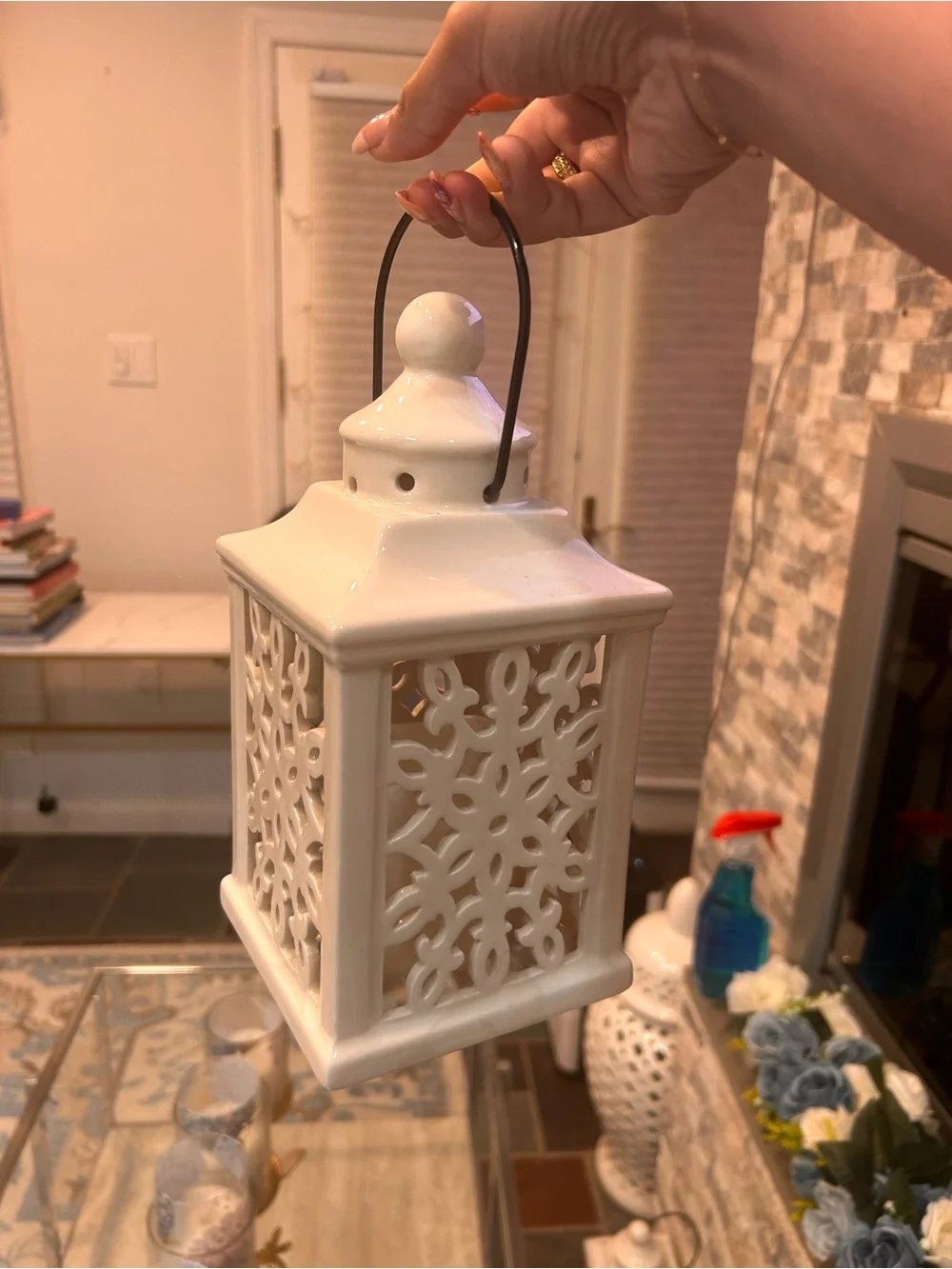 White Ceramic Filigree Lantern - Decorative Hanging Accent X2 (2 pieces)